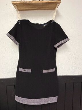 Tommy Hilfiger Black Shift Dress Plaid Trim Size 8 Preppy Y2K